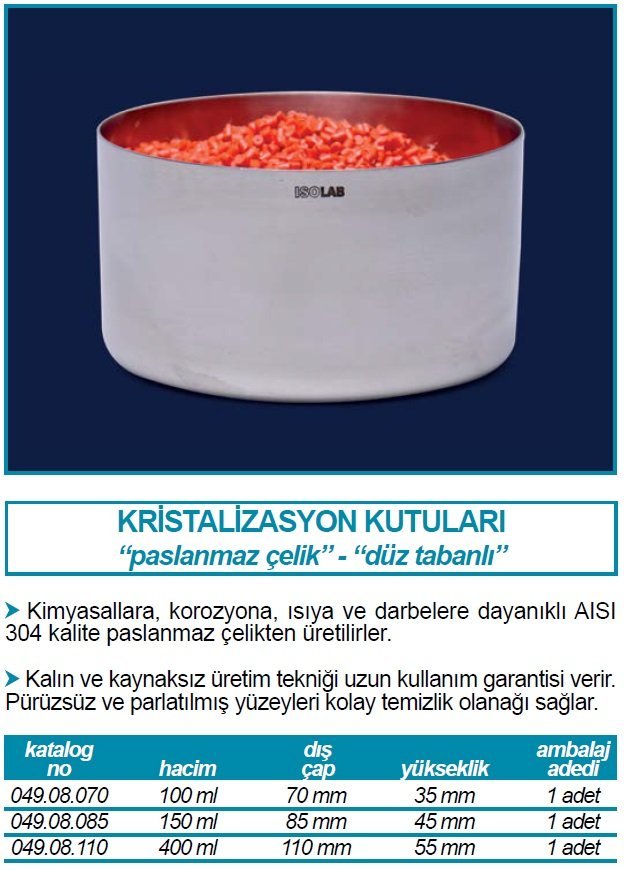 İSOLAB 049.08.070 kristalizasyon kutusu paslanmaz çelik